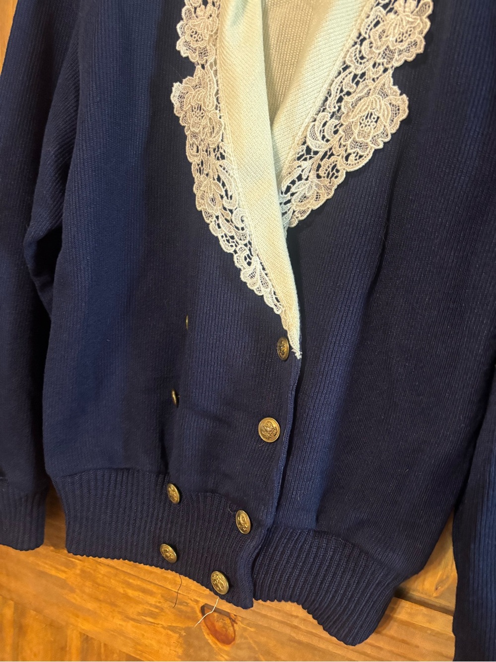 Vintage Nilani Navy Blue Off White Lace Trim knit Cardigan Coquette Sweater M - Picture 12 of 13